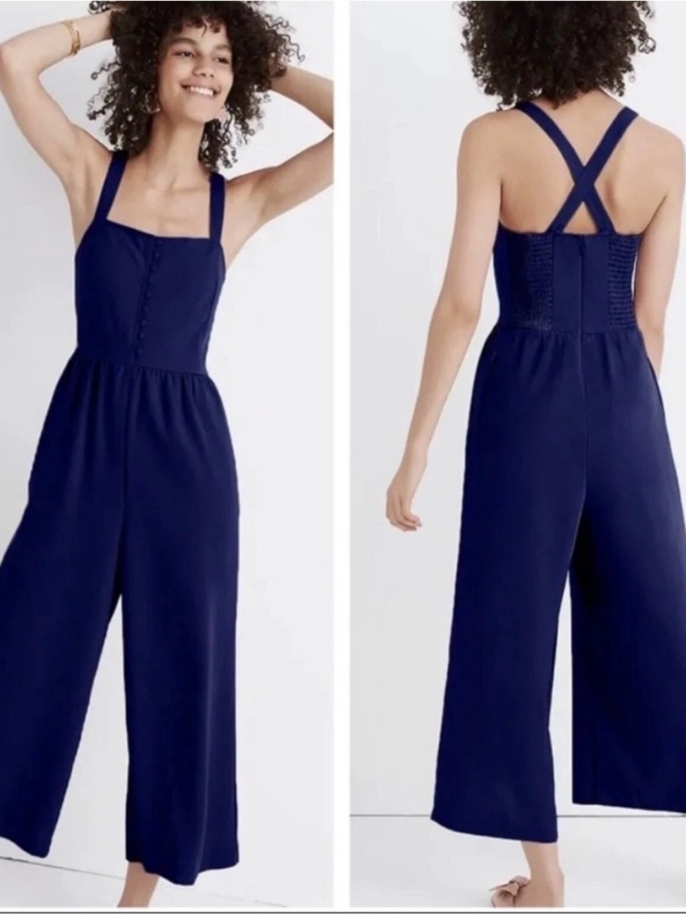 Madewell Navy Wide-Leg Jumpsuit with Smocked Back